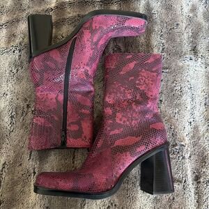 New Y2K 90s Mainframe Snake Chunky Block Heel Pink Leather Boot Square Toe 10